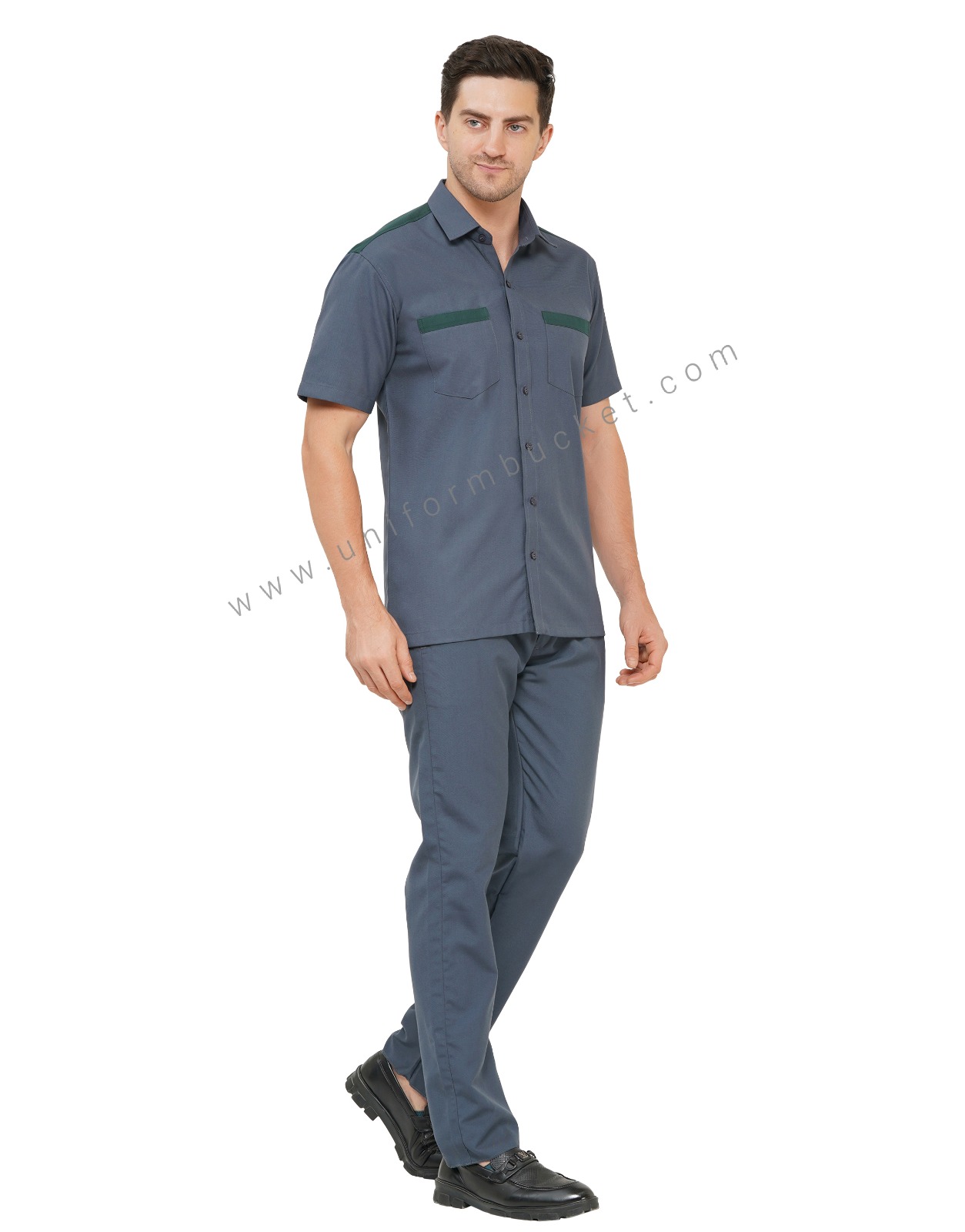 DARK GREY MALE WORKWEAR SHIRT WITH BOTTLE GREEN TRIM thumbnail 3